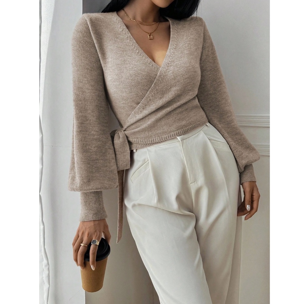 Khaki Wrap Knit Cardigan Long Sleeve Side Tie - Picture 2 of 8